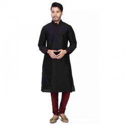 Dupion Silk Men's Designer Indian Kurta Pyjama black