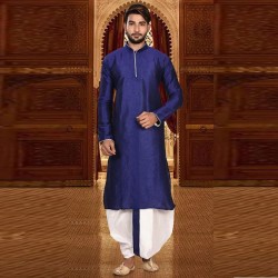 Mens Cotton Silk Kurta and Dhoti Pant Set Royal Blue