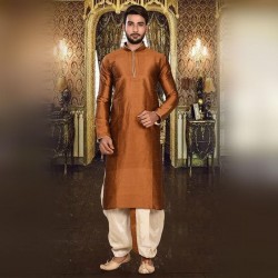 Mens Cotton Silk Kurta and Dhoti Pant Set copper