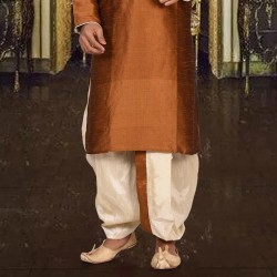 Mens Cotton Silk Kurta and Dhoti Pant Set copper