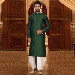 Mens Cotton Silk Kurta and Dhoti Pant Set green