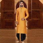 Mens Cotton Silk Kurta and Dhoti Pant Set Yellow