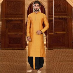 Mens Cotton Silk Kurta and Dhoti Pant Set Yellow