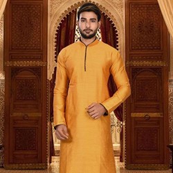 Mens Cotton Silk Kurta and Dhoti Pant Set Yellow