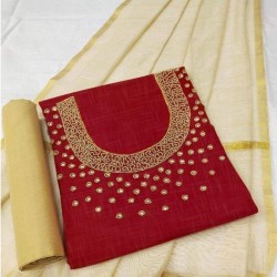 Hand Work Dress Material with Dupatta-Red Handoven-Handcrafted