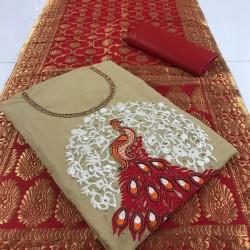 Peacock Design Fancy Dress Material-Beige