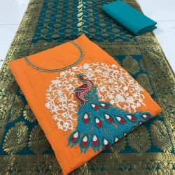 Peacock Design Fancy Dress Material-Orange