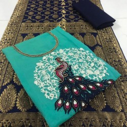 Peacock Design Fancy Dress Material-sky blue