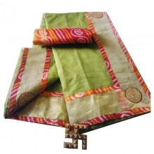 Bandhej Border Saree With Blouse-Green