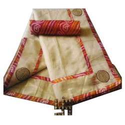 Bandhej Border Saree With Blouse-Cream Handwoven-Handcrafted