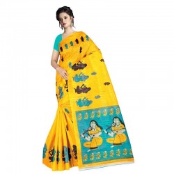 Bhagalpuri Silk Saree with Blouse Piece-Yellow Handoven and Handcrafted