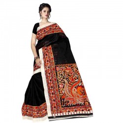 Bhagalpuri Silk Saree with Blouse Piece-Black Handoven and Handcrafted