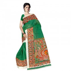 Bhagalpuri Silk Saree with Blouse Piece-Green Handoven and Handcrafted