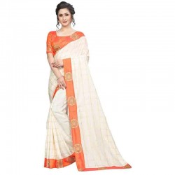 Embroidery Lace Border Saree with Work Blouse Piece-White with orange