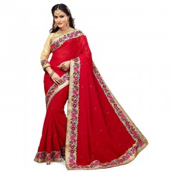 Georgette Embroiderd Red Color Party Wear Saree-Red