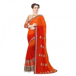 Orange and Red Georgette Embroidered Saree with Blouse-Orange