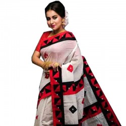 Silk Cotton Solid Color Saree with Blouse Piece-White with Red